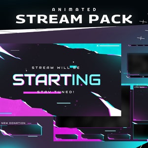 Pacote de fluxo animado Flux/Painéis/Tema preto/Sobreposição gráfica Twitch/Design moderno futurista/Etsy Gamer/Glitch/Tema escuro/Abstrato/Forma