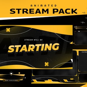 May include: Animated stream pack with a black and yellow color scheme. The main banner reads "Stream will be starting". There are also chat boxes, a new subscriber alert, and other elements.