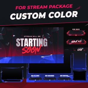 Peut inclure: Un pack de diffusion Twitch personnalisable avec un schéma de couleurs rouge et bleu. Le pack comprend un écran de démarrage imminent, une boîte de discussion, une alerte de nouveau follower, une alerte de nouveau abonné, une alerte de nouveau don, une alerte de nouveau cheer et une section à propos de moi.