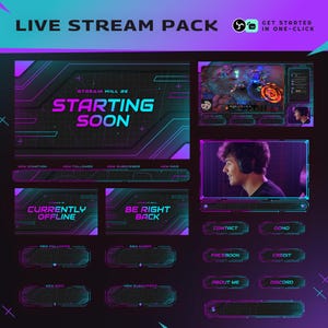 May include: A digital graphic for a live stream pack, with a futuristic design in neon blue and purple. The text "LIVE STREAM PACK" is at the top. The pack includes overlays for "Starting Soon", "Currently Offline", and "Be Right Back".