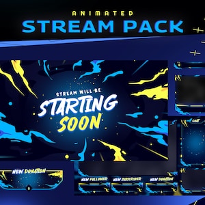 Pacote de sobreposição de Twitch animado com respingos líquidos/Sobreposição líquida/Tema abstrato/Pincel/Pacote de streamer/Alerta/Painel/Transição/Cor azul
