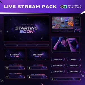 以下が含まれることがあります： ライブストリーミング用のデジタルグラフィックデザイン。濃い紫と青の宇宙をテーマにしています。「Starting Soon」、「Stream Offline」、「Be Right Back」の画面と、ソーシャルメディアと寄付のボタンが含まれています。