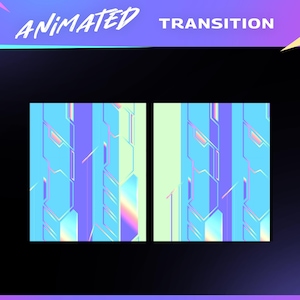 Puede incluir: Gráfico de transición animada con un diseño futurista. La imagen presenta dos paneles rectangulares con un patrón geométrico repetitivo en tonos de azul, morado y colores iridiscentes. Las palabras "ANIMATED" y "TRANSITION" están en la parte superior.
