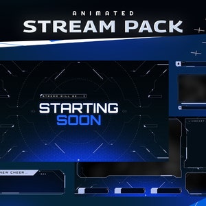 May include: Animated stream pack with a blue and black color scheme. The pack includes a starting soon screen, a new cheer screen, a live chat screen, and a webcam overlay.