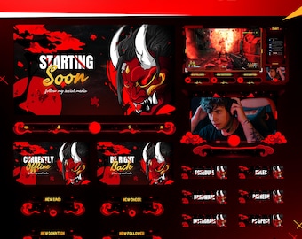 Paquete de transmisión de samuráis japoneses / Superposición animada Oni Fury / Kick de Twitch y YouTube / Transiciones de paneles de alertas / OBS Streamlabs