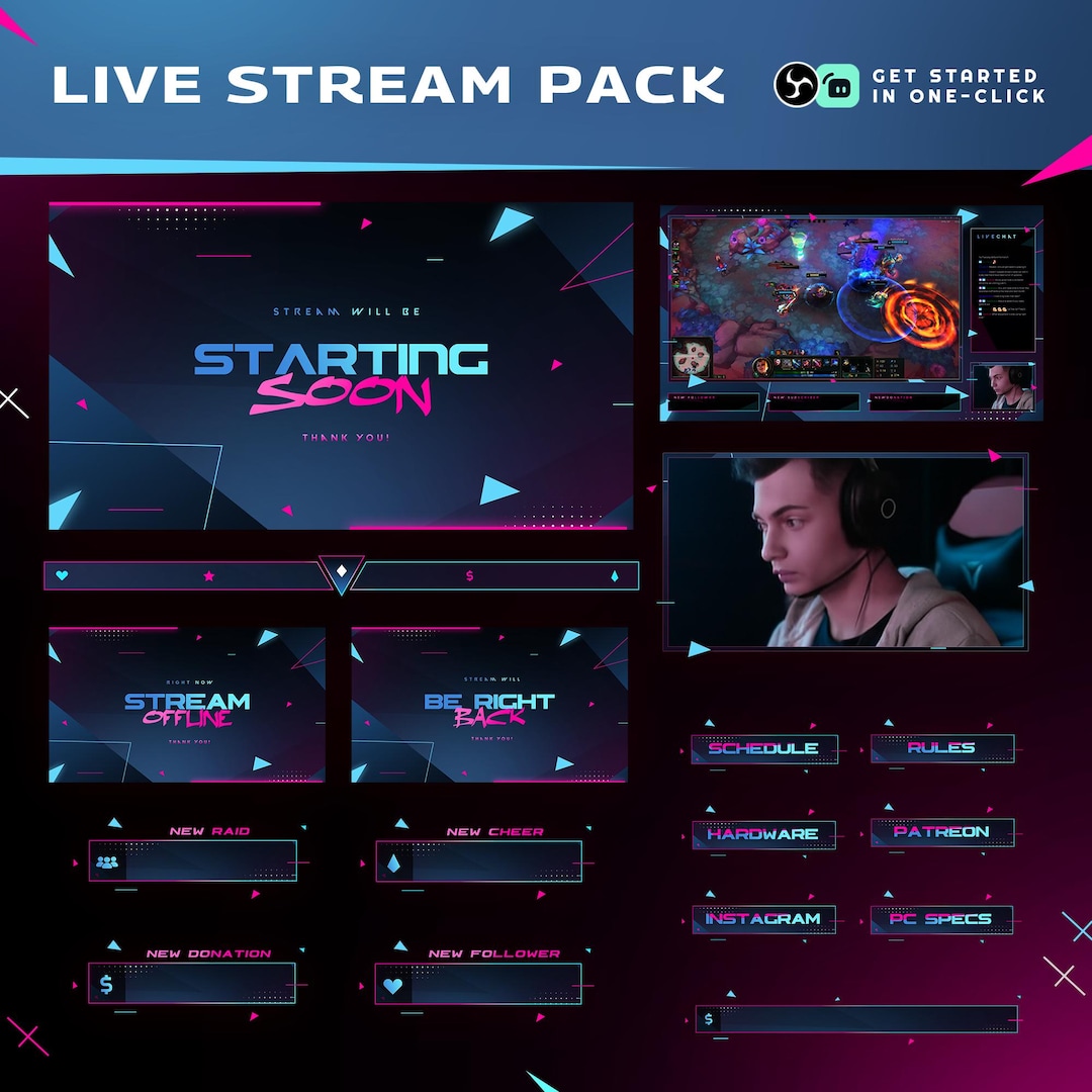 Blue Magenta Cyber Stream Pack | Vortex Neon Animated Overlay | Twitch ...
