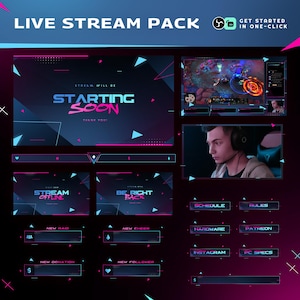 Puede incluir: Un paquete de diseño gráfico digital para transmisión en vivo, con un esquema de color azul oscuro y rosa. El diseño incluye superposiciones para las pantallas "Starting Soon", "Stream Offline" y "Be Right Back", junto con varios paneles de información.
