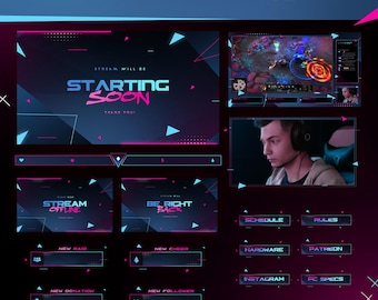 Blue Magenta Cyber Stream Pack | Vortex Neon Animated Overlay | Twitch YouTube Kick | Alerts Panels Transitions | OBS Streamlabs