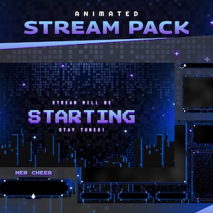 Pacote Pixel Animated Twitch Overlay/Tema Pixel/Retro Pixel/Cidade/Pacote Streamer/Alerta/Painel/Transição/Azul Escuro/Tema Preto/Cidade Noturna