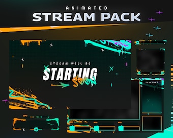 May include: Animated stream pack with a black background and colorful paint splatters. The main panel says "Stream will be starting soon" with a green arrow. Other panels include a chat, new cheer, and a level chat.