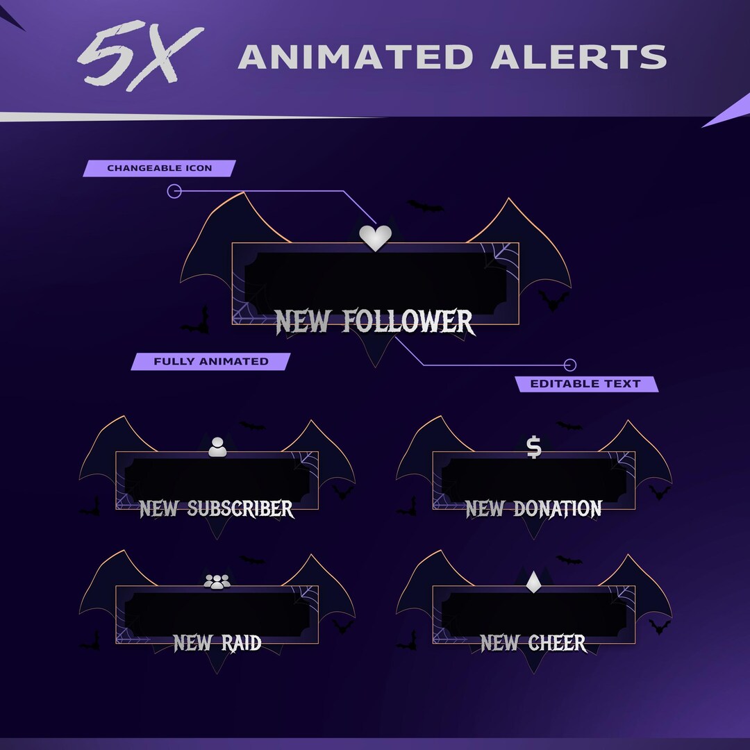 Animated Moonlit Bat Whisper Stream Alerts: Soft Gothic Purple ...