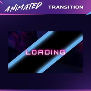 Könnte beinhalten: Animierte Übergrafik mit dem Wort "LOADING" in pinkfarbenem Neon vor schwarzem Hintergrund. Zwei diagonale blaue Neonlinien umrahmen den Text. Die Wörter "ANIMATED" und "TRANSITION" stehen oben.