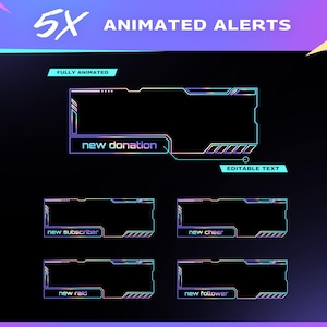Puede incluir: Gráfico con el texto "5X ANIMATED ALERTS". La imagen muestra cuadros de alerta animados con texto como "new donation", "new subscriber", "new cheer", "new raid" y "new follower". Los cuadros tienen un diseño de gradiente de neón.