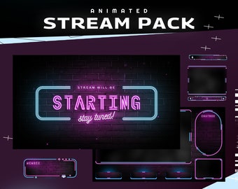 May include: Animated stream pack with a neon pink and blue "Starting, stay tuned!" sign on a brick wall background. The pack includes a chatbox, member, and screen overlays.