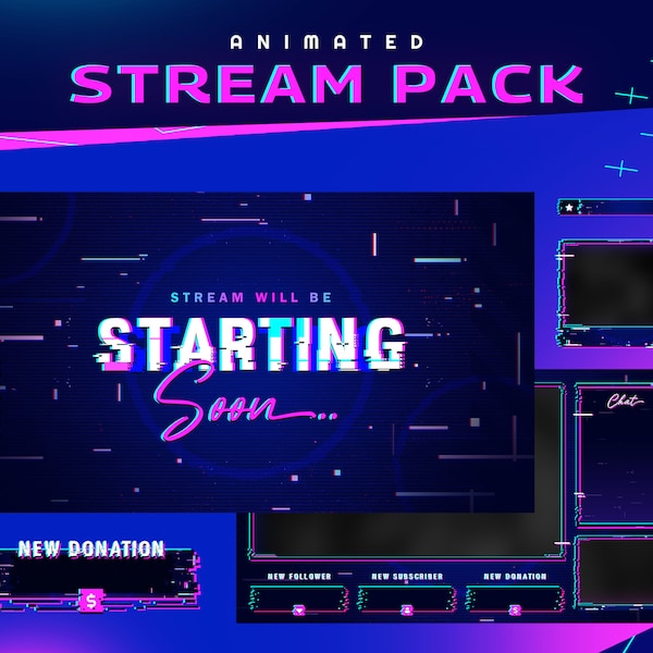 Cyber Glitch Animated Twitch Overlay Package Bundle/Cyber Theme/Horror/Glitch Gaming/Streamer Package/Alert/Panel/Transition/Dark Blue Color