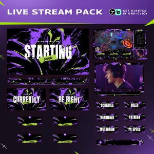 Overlay animato di Shadow Realm Stream: estetica da giocatore viola e verde neon per Twitch, OBS e Streamlabs