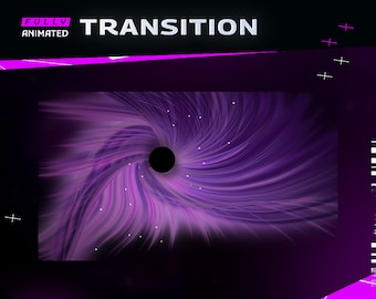 Könnte beinhalten: Ein animierter Übergangseffekt in Lila und Schwarz mit dem Text "FULLY ANIMATED" und "TRANSITION" in Weiß.