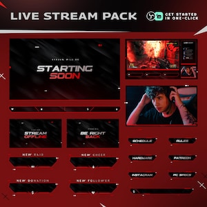 Könnte beinhalten: Ein rot-schwarzes Grafikdesign für ein Live-Stream-Paket. Das Design enthält Textelemente wie "LIVE STREAM PACK", "STARTING SOON" und verschiedene Labels wie "NEW RAID" und "NEW FOLLOWER". Das Paket enthält auch eine Spieloberfläche.
