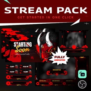 Pacote de sobreposição animada do Twitch Oni Fury/Japonês escuro/Tema de terror/Fantasma do Japão/Pacote de streamer/Alerta/Painel/Transição/Red Mystic