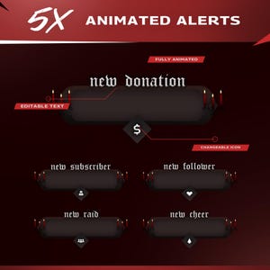 May include: A digital graphic with the text "5X ANIMATED ALERTS". The image shows animated alert templates for streaming, including "new donation," "new subscriber," "new follower," "new raid," and "new cheer."
