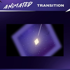 Könnte beinhalten: Animierte Übergrafik mit lila und blauem Hintergrund. Der Text "ANIMATED" ist in einer stilisierten Schriftart, und "TRANSITION" ist in einer serifenlosen Schriftart. Ein helles, rautenförmiges Licht befindet sich in der Mitte.