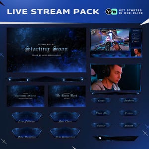 May include: A digital live stream pack with a dark blue, icy design. It includes overlay screens with text such as "Starting Soon" and "Currently Offline," plus social media buttons. This pack is designed to improve the visual presentation of live streams.
