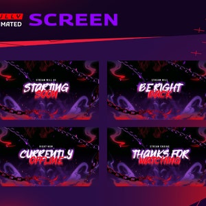 Puede incluir: Cuatro pantallas de transmisión en directo de Twitch animadas con un fondo oscuro, humo rojo y morado, y cadenas. El texto en las pantallas dice "La transmisión comenzará pronto", "La transmisión volverá enseguida", "Actualmente fuera de línea", y "Fin de la transmisión gracias por ver".