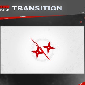 Puede incluir: Un fondo blanco con un círculo rojo y dos estrellas ninja rojas en su interior. El círculo tiene una línea negra que lo atraviesa. El texto "FULLY ANIMATED" y "TRANSITION" está en la parte superior de la imagen.
