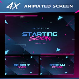 Puede incluir: Diseño de pantalla animada con fondo azul oscuro, formas geométricas y acentos rosa y azul neón. El texto principal dice "STARTING SOON" en una fuente degradada. Pantallas adicionales dicen "BE RIGHT BACK" y "STREAM OFFLINE".