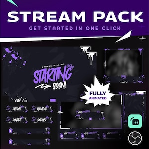 Sobreposição de fluxo animado de espaço de tinta para pacote Twitch/Tema escuro/Abstrato/Pacote de fluxo/Sobreposição Twitch/Pintura/Cor preta roxa/Painel Twitch