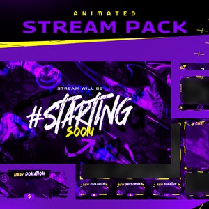 Pacote de sobreposição de Twitch animado de linha abstrata Arte de grafite/Tema escuro/Pincel/Transição/Streamer/Twitch/Painel/Alerta/Pintura/Rua/Cor roxa