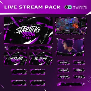 Paquete de transmisión con efecto glitch morado intenso / Superposición animada furiosa / Expulsión de Twitch y YouTube / Transiciones de paneles de alertas / OBS Streamlabs