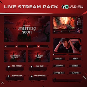 May include: A red and black Live Stream Pack graphic with the text "LIVE STREAM PACK" at the top. The pack includes various overlay elements, such as "starting soon", "currently offline", and social media buttons.