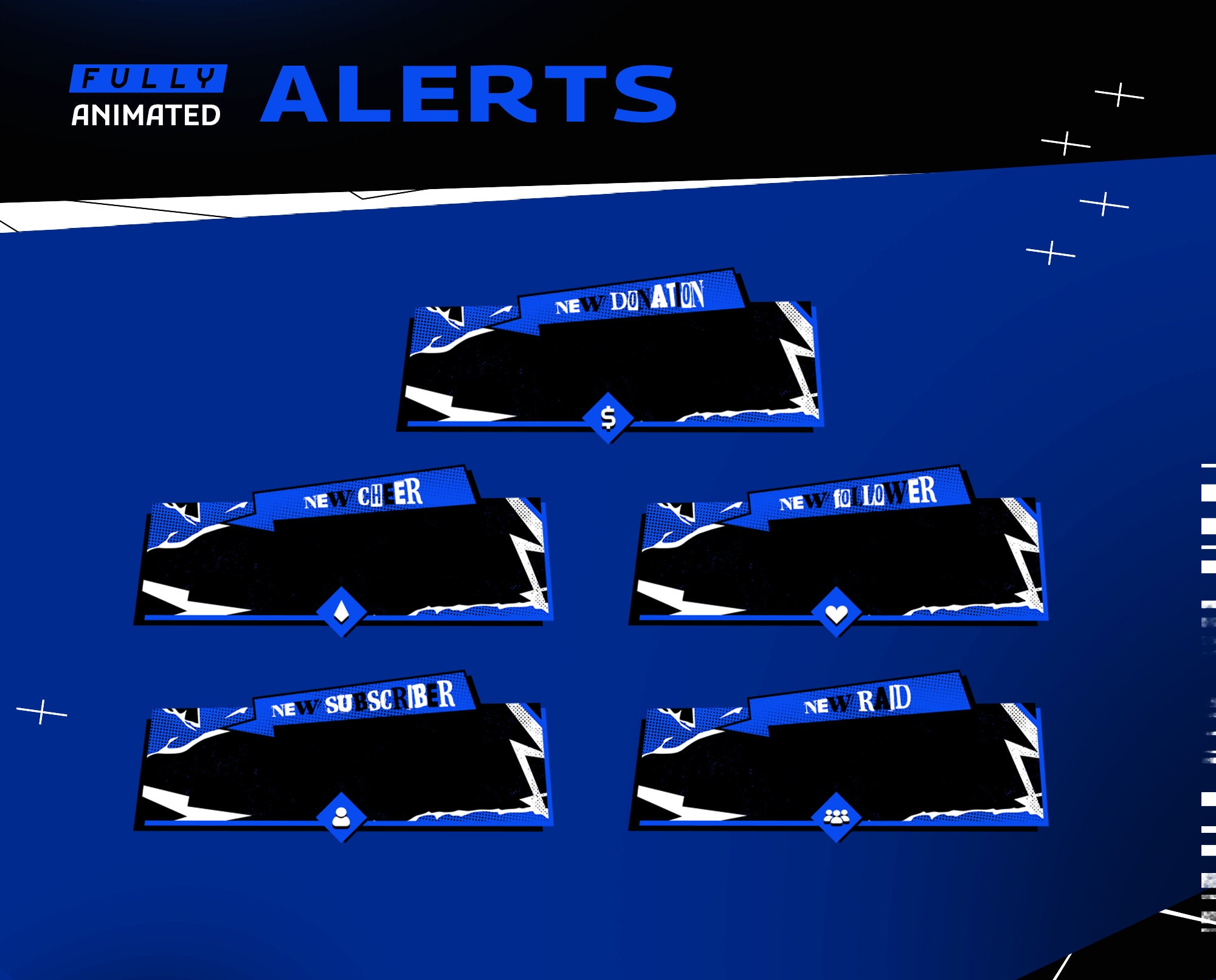 Another Persona Animated Stream Alert for Twitch, Kick, Youtube/Abstract Theme/Electrocution/Overlay Package/Panel/Transition/Blue Color
