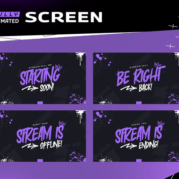 Ink Space Animated Screen Package/Twitch Graphic Gaming Overlay/Modern Futuristic Design/Transition/Purple Black Color/Dark Theme/Simple