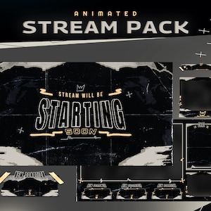 Pacote de pacote de sobreposição Twitch animado de papel grunge/tema escuro/design de pincel/abstrato/pacote streamer/alerta/painel/transição/cor preta/corte
