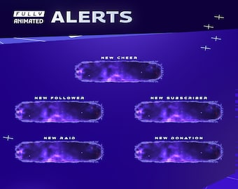 Puede incluir: Cinco banners de alerta animados de color morado y azul con texto que dice "Nuevo Seguidor", "Nuevo Cheer", "Nuevo Suscriptor", "Nuevo Raid" y "Nueva Donación".