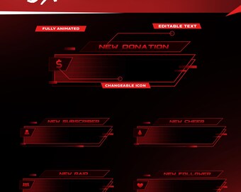 Animated Cyber Strike Stream Alerts: Red Futuristic Tech Design for Twitch and OBS/Streamlabs