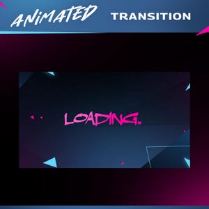 Puede incluir: Gráfico de transición animada con la palabra «LOADING» en rosa, sobre un fondo azul oscuro y morado. La palabra «TRANSITION» está encima del gráfico en blanco. Formas geométricas en azul y rosa acentúan el diseño.