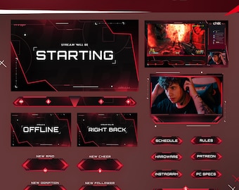 Crimson Tech Stream Pack | Animated Sci-Fi Interface for Twitch, YouTube, OBS (Digital Download)