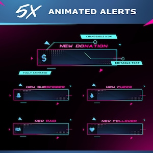 Puede incluir: Gráfico de alertas animadas con el texto "5X ANIMATED ALERTS". El gráfico incluye cuadros de alerta animados para nuevas donaciones, suscriptores, cheers, incursiones y seguidores. Cada cuadro tiene un icono cambiable y texto editable, con un esquema de color negro y azul.
