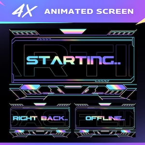 Puede incluir: Superposiciones de pantalla animadas con texto holográfico y diseños geométricos. Las pantallas muestran "STARTING..", "RIGHT BACK.." y "OFFLINE.." sobre un fondo negro. La parte superior de la imagen dice "4X ANIMATED SCREEN".