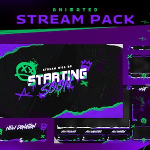 Pacote de sobreposição de Twitch animado de papel rasgado/Tema escuro/Design de pincel/Abstrato/Pacote de streamer/Alerta/Painel/Transição/Arte de grafite