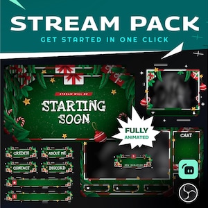 Paquete de superposición de transmisión animada de reno verde para Twitch/Transmisión con temática de árbol de Navidad y caja de regalo con matices verdes navideños