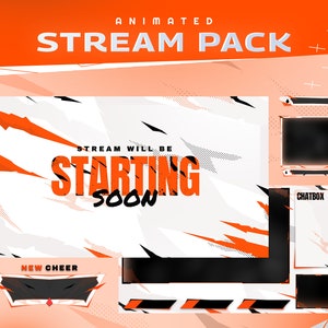 Bow Down Animated Stream Package - Twitch Graphic Overlay/Futuristic Modern Design/Orange White/Etsy Gamer/Windy Cloud Weather/Abstract/Sky