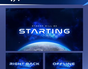 Pantallas animadas de Horizon Stream: Blue Sci-Fi Space para Twitch, OBS y Streamlabs