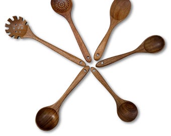 Handmade Acacia Wood Kitchen Utensil Set – Rustic Cooking Spoons, Ladle & Server