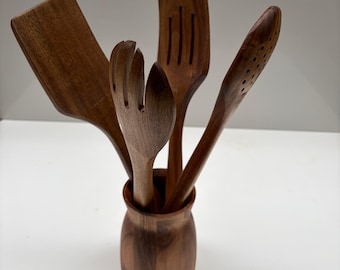 Acacia Wood Kitchen Utensil Set – Rustic Farmhouse Cooking, 5-Piece with Holder