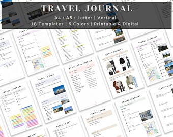 Travel Journal, Tracker, Planner | Minimal Design | 6 Colors | printable ,digital | Vertical | A4, A5, Letter Size
