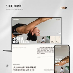 May include: A digital display of a Studio Nuance WordPress Elementor website template shown on a laptop and a smartphone. The interface features yoga and pilates coaching content with white text on a clean layout, including a person in a yoga pose.